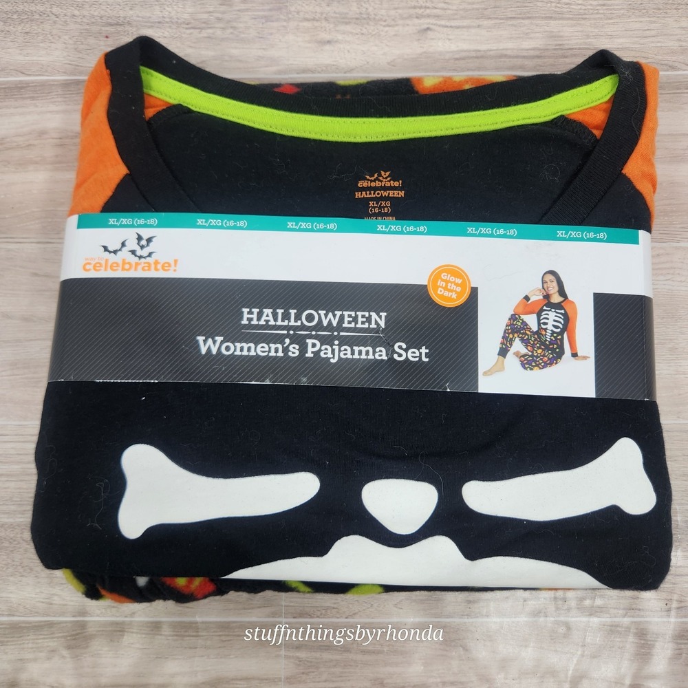 Women's Size XL 16-18 Celebrate Halloween Two-Piece Pajama Set Candy Skeleton